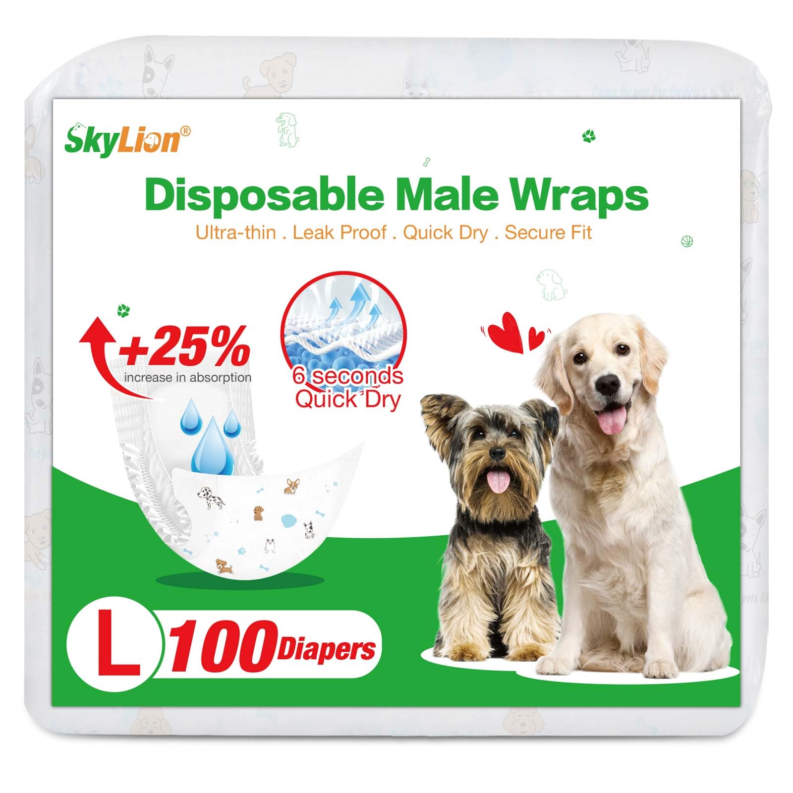 GraySnout Disposable Male Dog Wraps — 100 Count Ultra-Absorbent