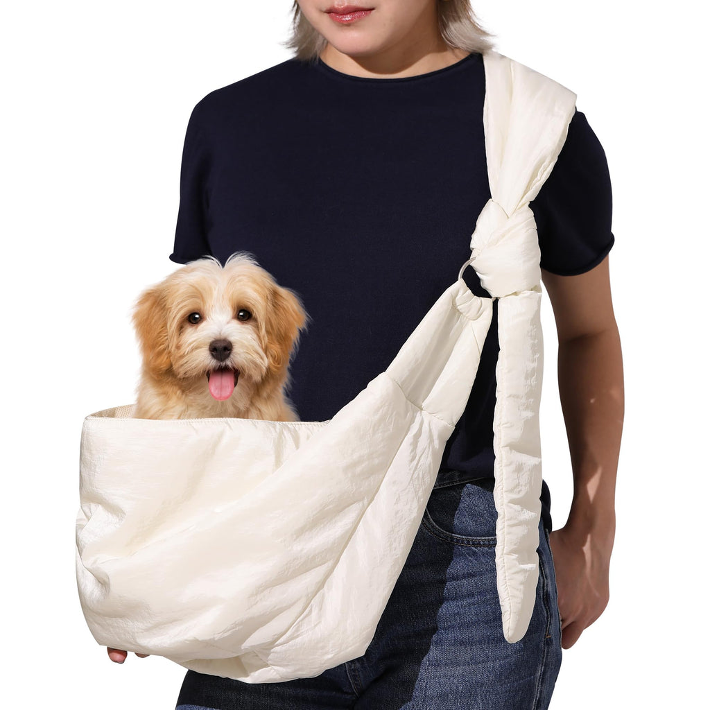 FUKUMARU Dog Sling DIY Strap Puppy Carrier Sling for 3-15 lbs Small Dogs Ultralight Cat Travel Purse with Mesh Bag Pets Papoose Carrier Foldable and Machine Washable(Cream)