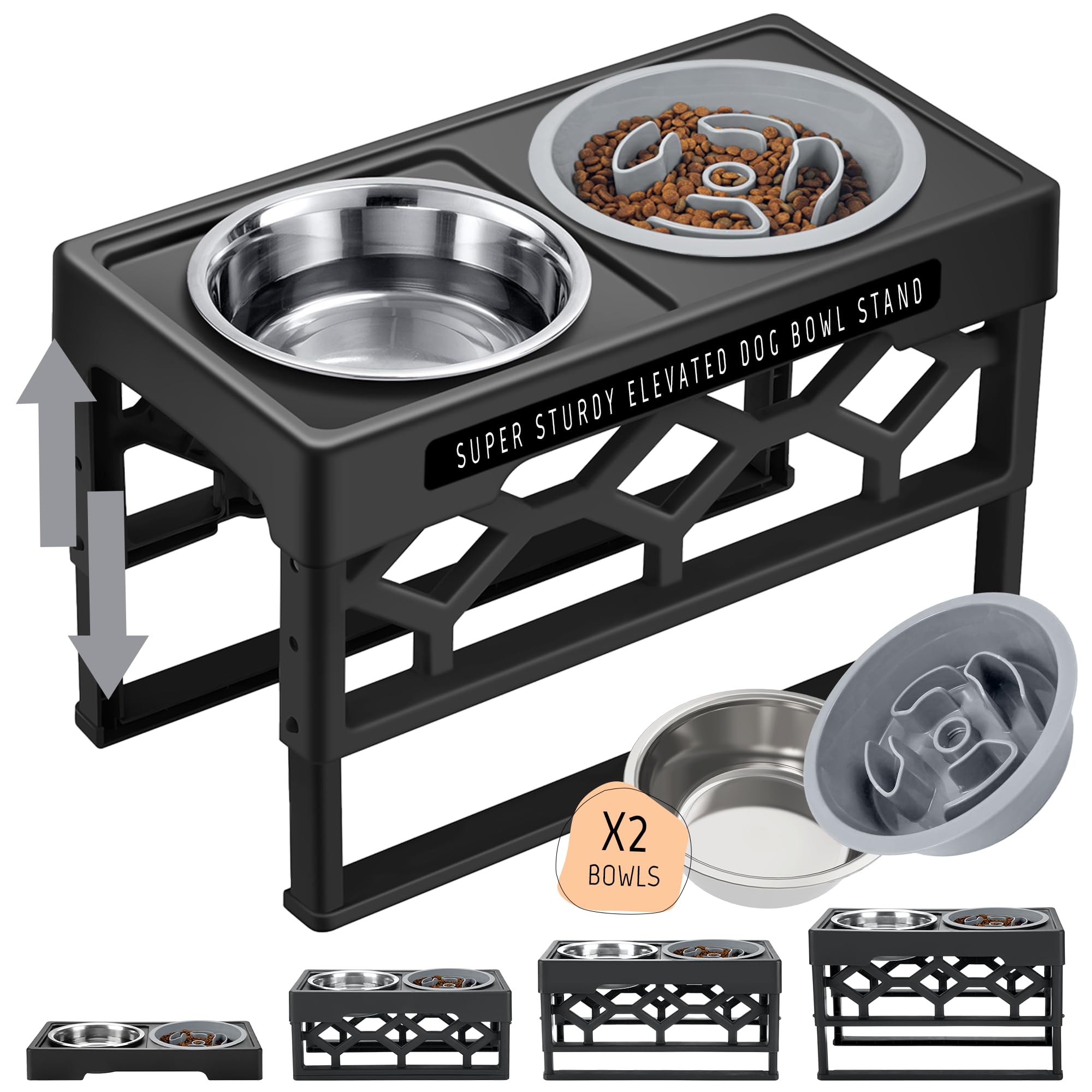 GraySnout Elevated Slow Feeder Bowl — 4-Height Adjustable Anti-Gulp Stand