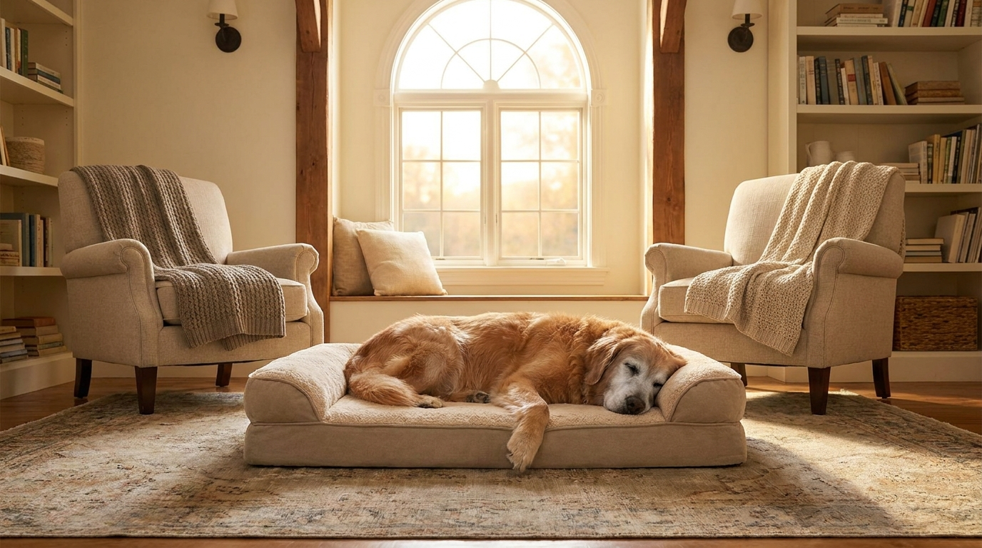 GraySnout Co. hero banner - senior dog on orthopedic bed in cozy living room