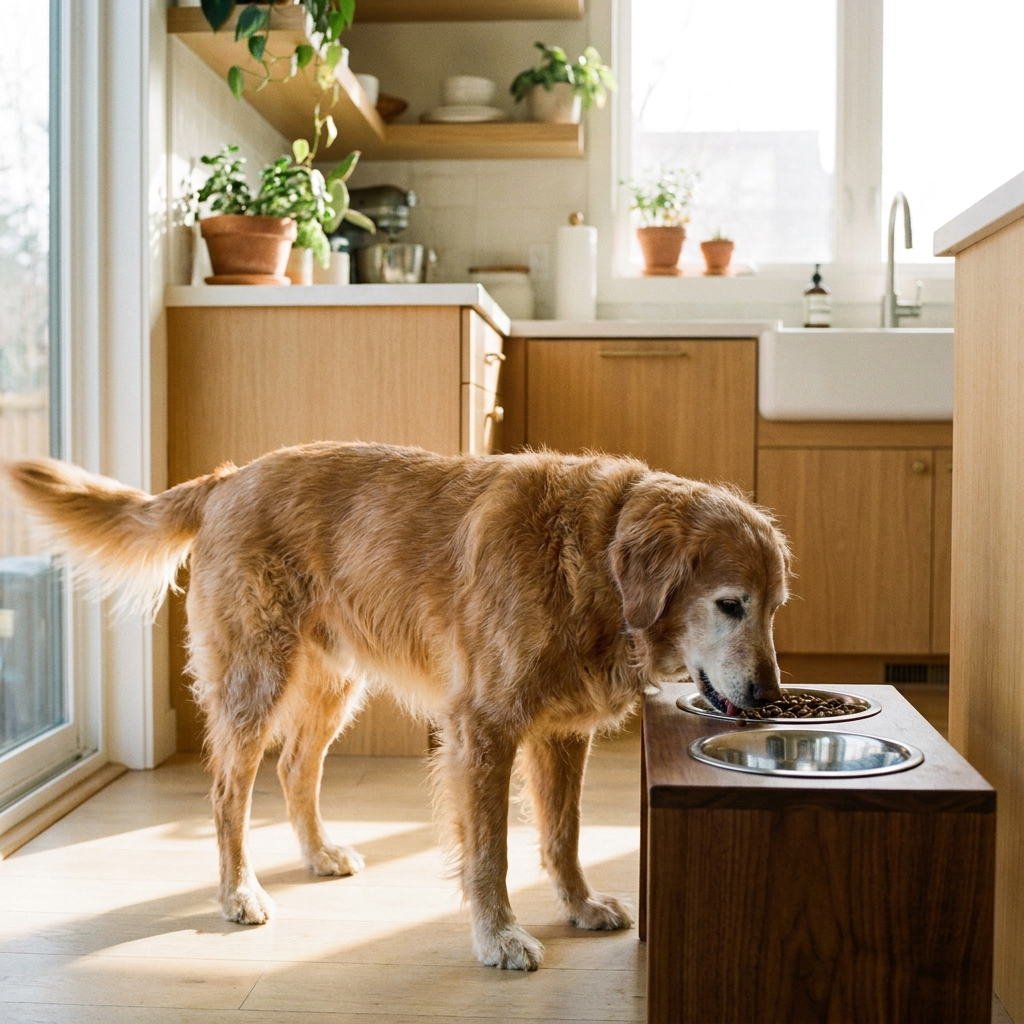 Senior dog eating from GraySnout elevated bowl stand