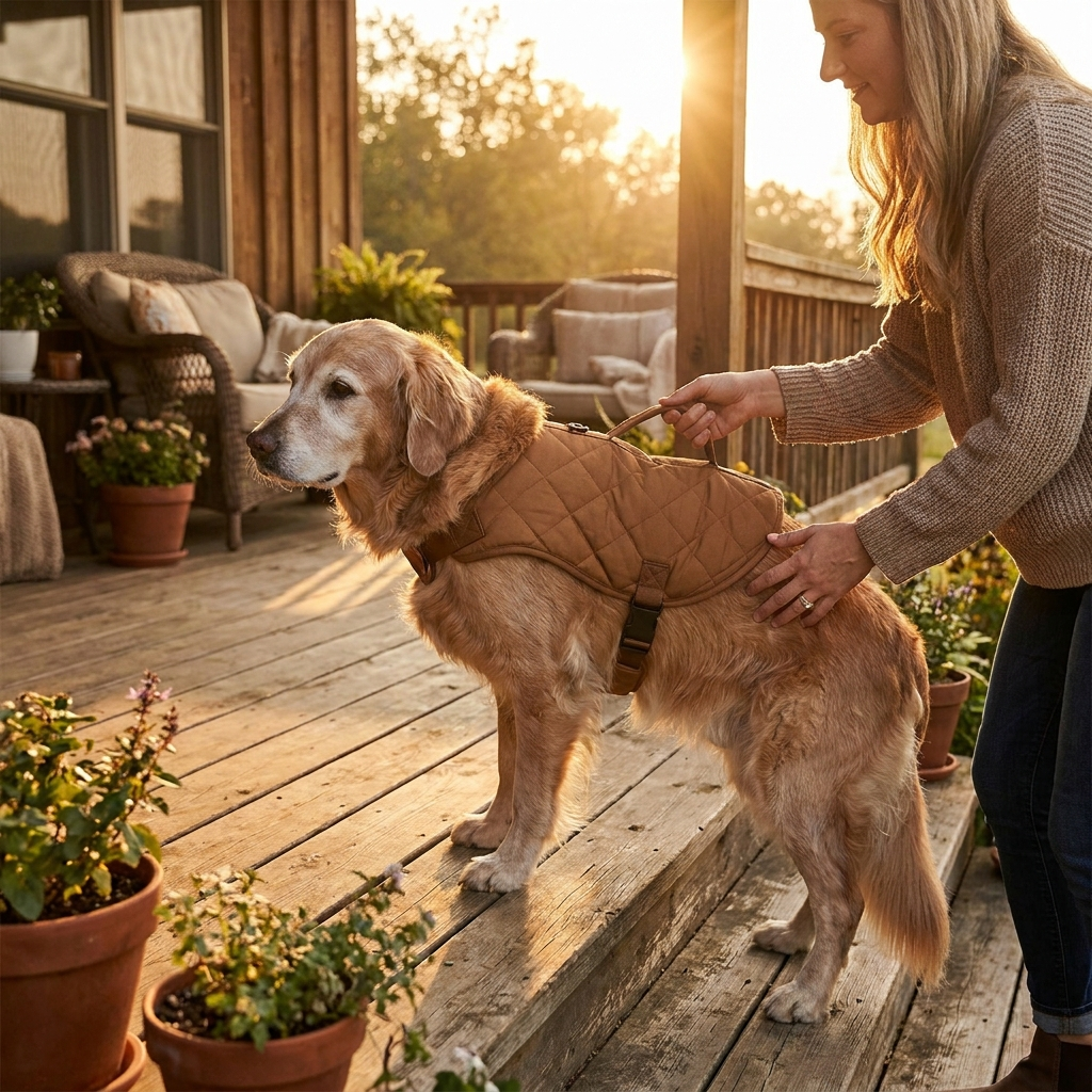 Senior dog wearing GraySnout EasyLift harness on stairs