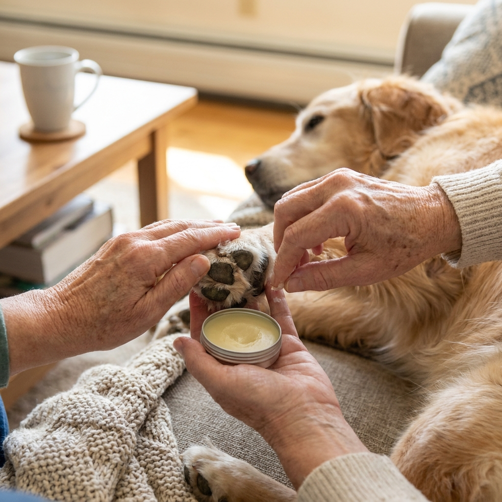 Owner applying GraySnout PawSoothe balm to dog paw