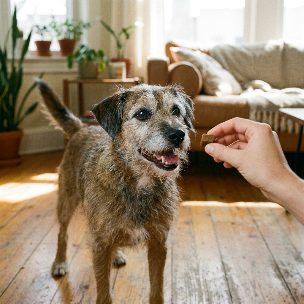 Owner giving senior dog GraySnout ClearMind supplement chew