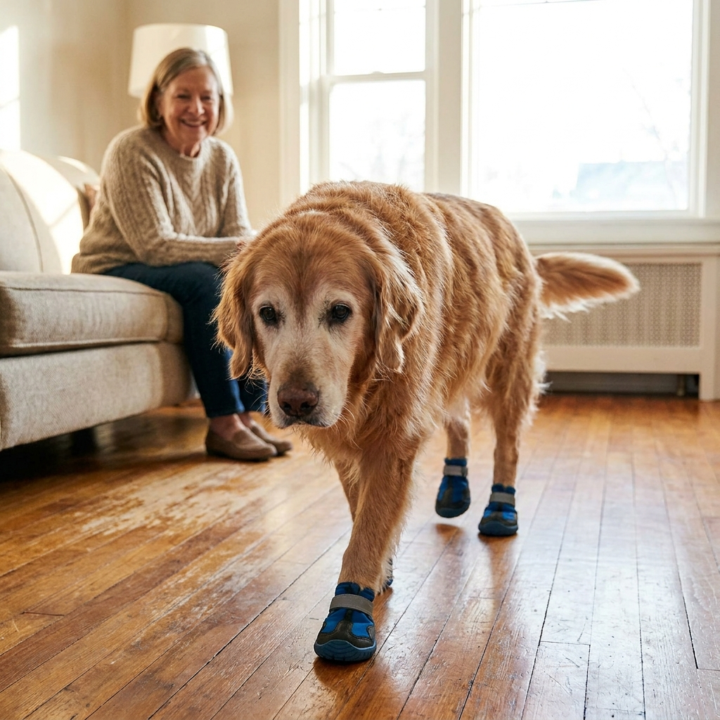 Senior dog walking confidently with GraySnout PawGrip socks