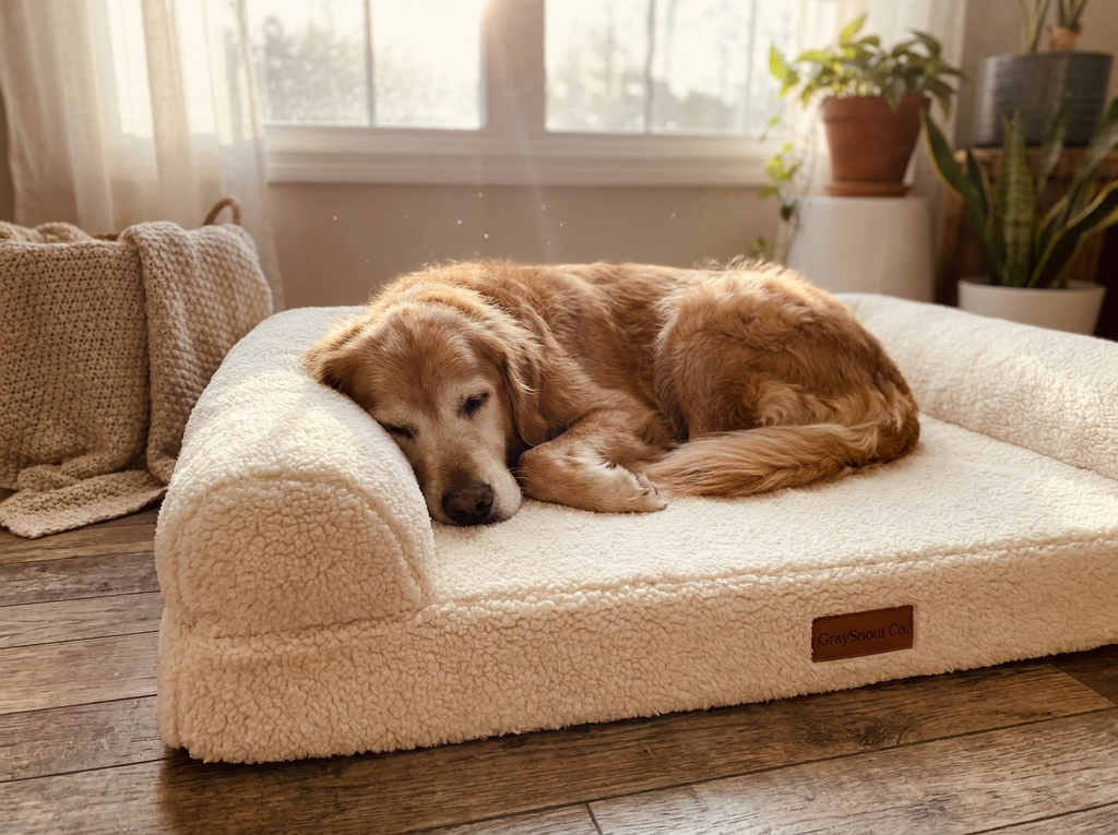 Senior dog sleeping on GraySnout orthopedic bolster bed