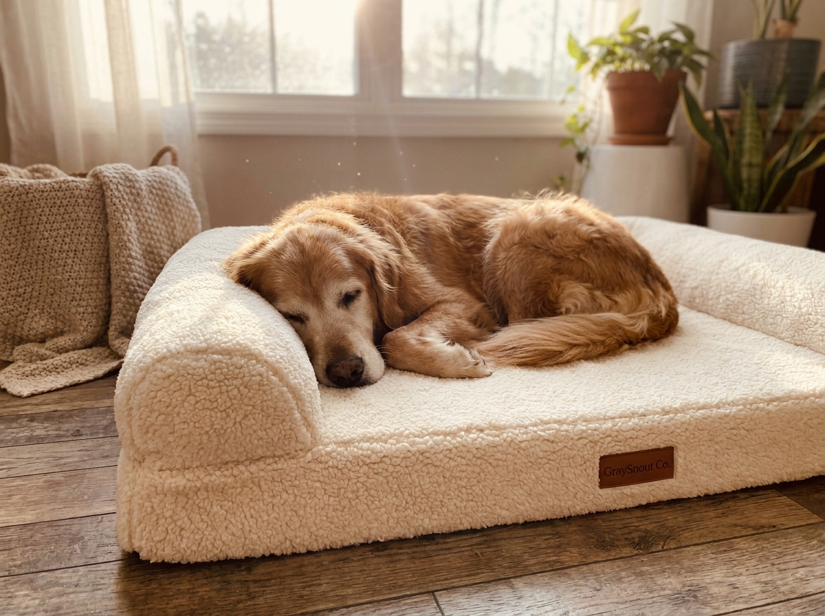 Senior dog sleeping on GraySnout orthopedic bolster bed
