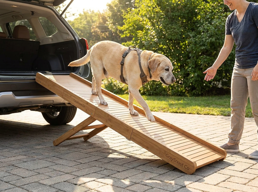 Dog using GraySnout adjustable wooden ramp