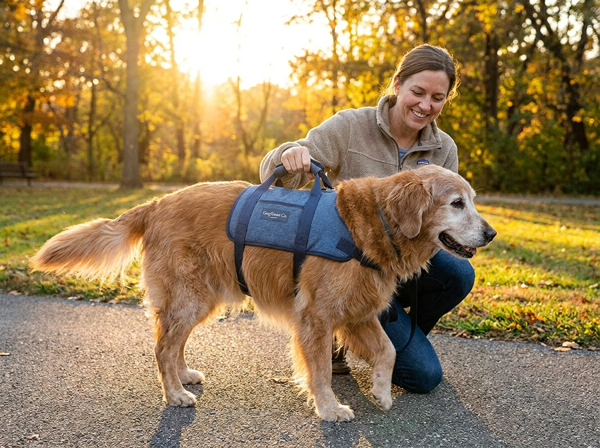 Senior dog wearing GraySnout 5-point lift harness outdoors