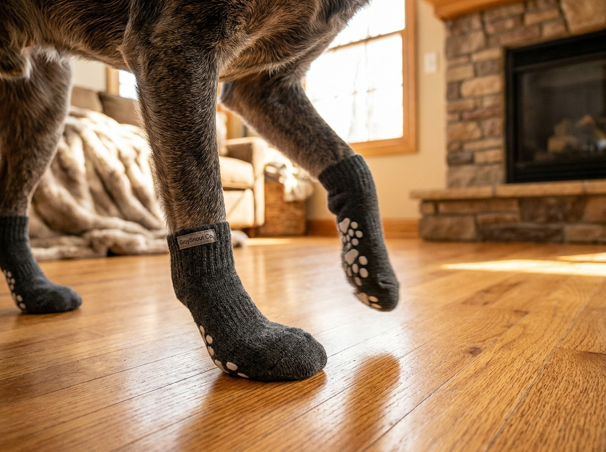 Dog paws wearing GraySnout non-slip socks on hardwood floor