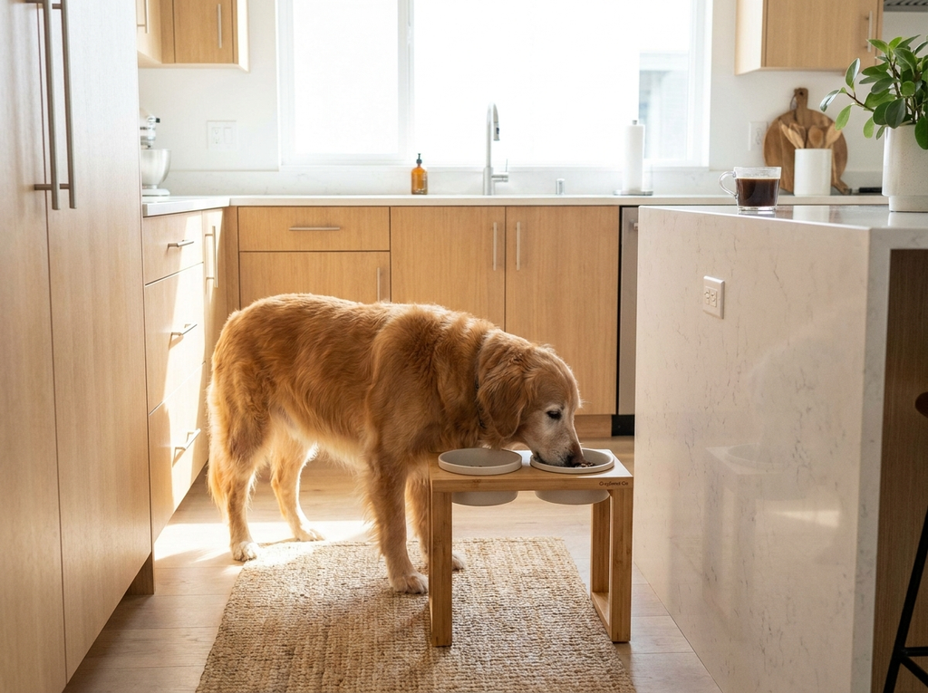 Senior dog eating from GraySnout bamboo raised bowl stand