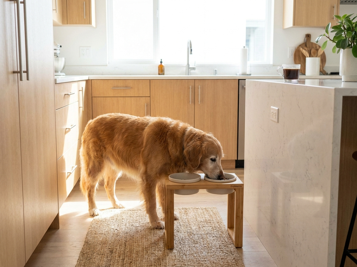 Senior dog eating from GraySnout bamboo raised bowl stand