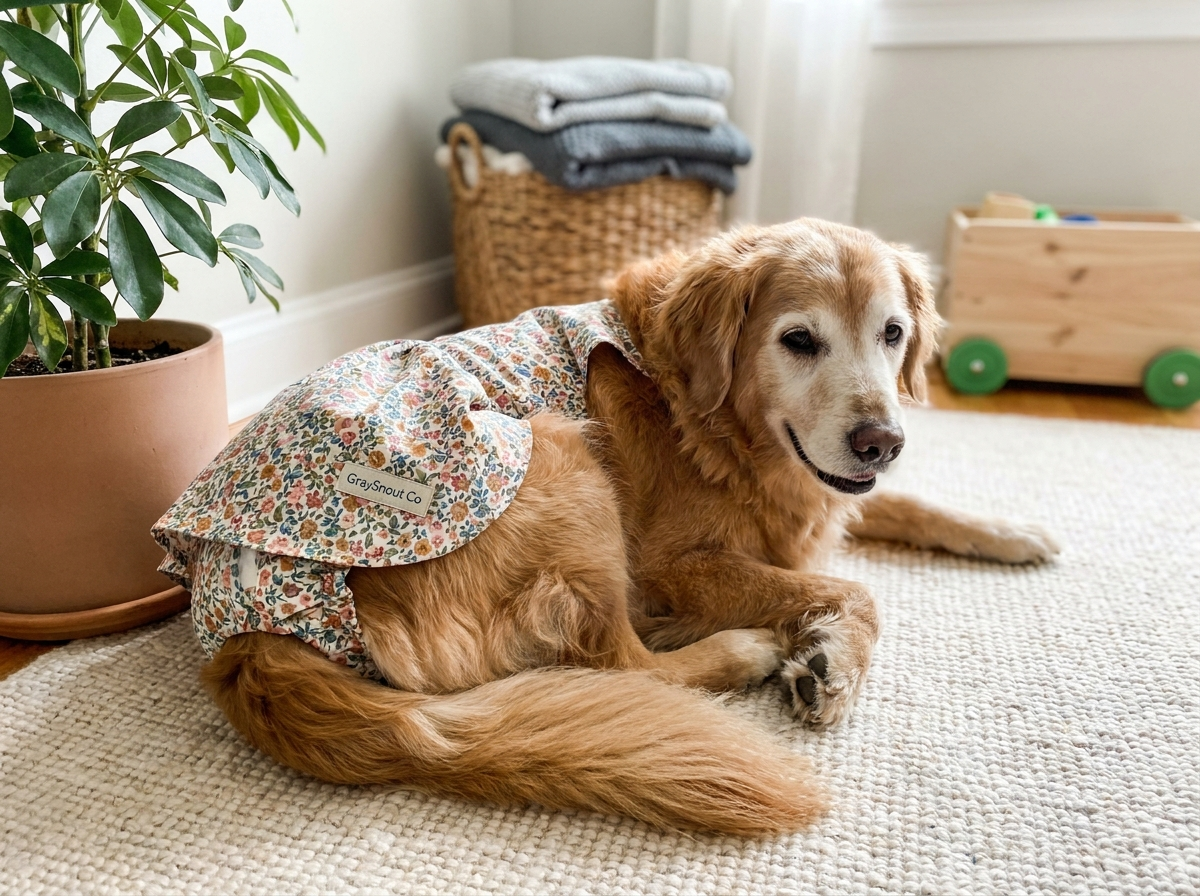 Female senior dog wearing washable dog diaper dress