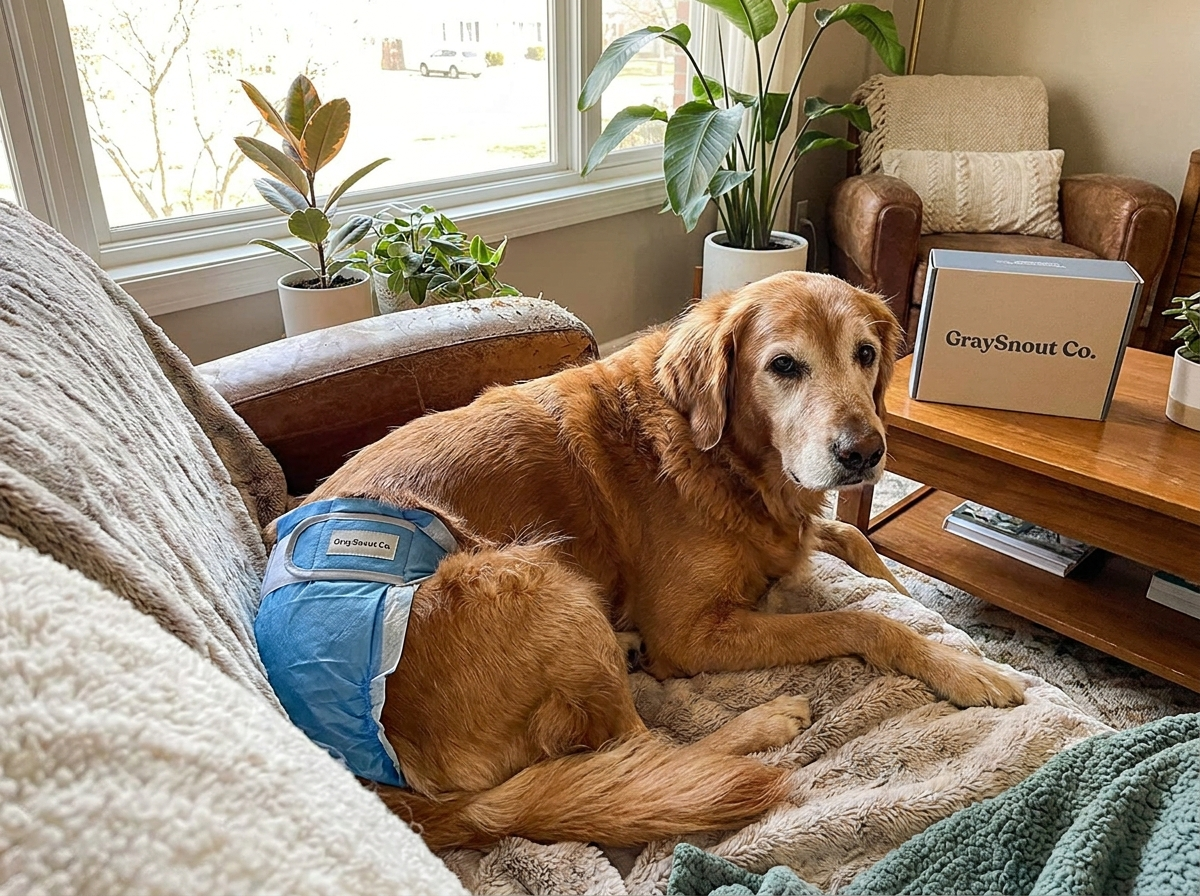 Senior male dog wearing disposable dog wrap diaper