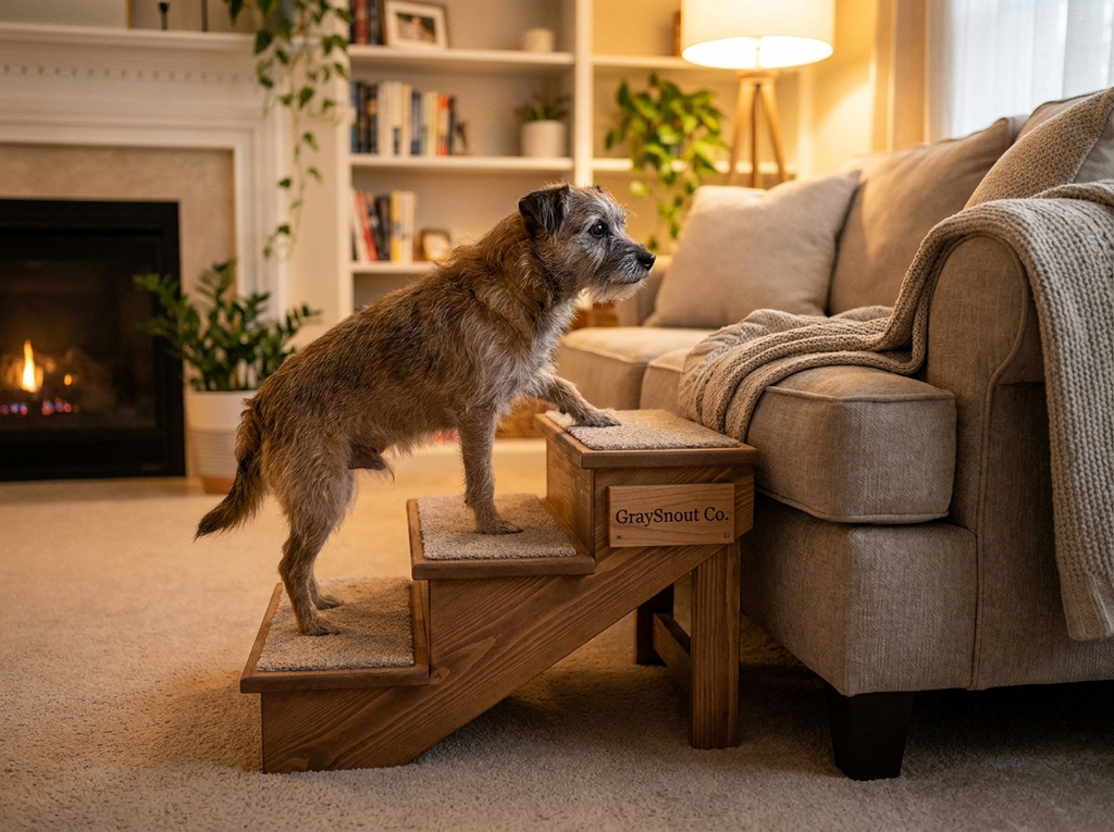 Small senior dog climbing wooden pet stairs to couch