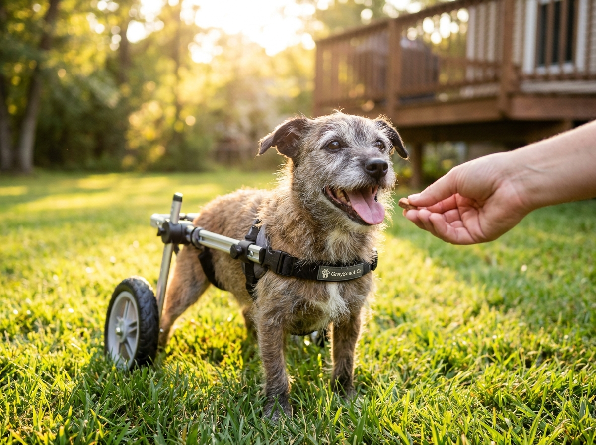 Small dog using rear mobility wheelchair in sunny backyard