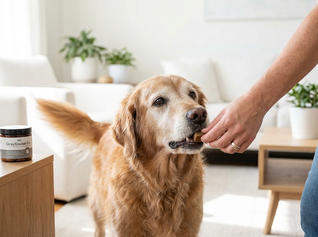 Senior dog eating natural flea and tick defense chew