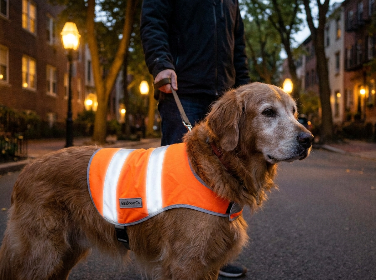 Senior dog wearing reflective safety vest on evening walk