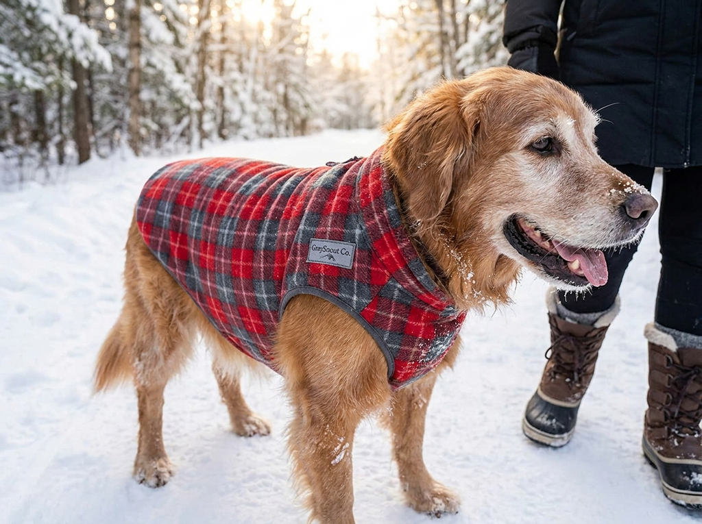 Senior dog wearing cozy fleece vest on cold winter walk