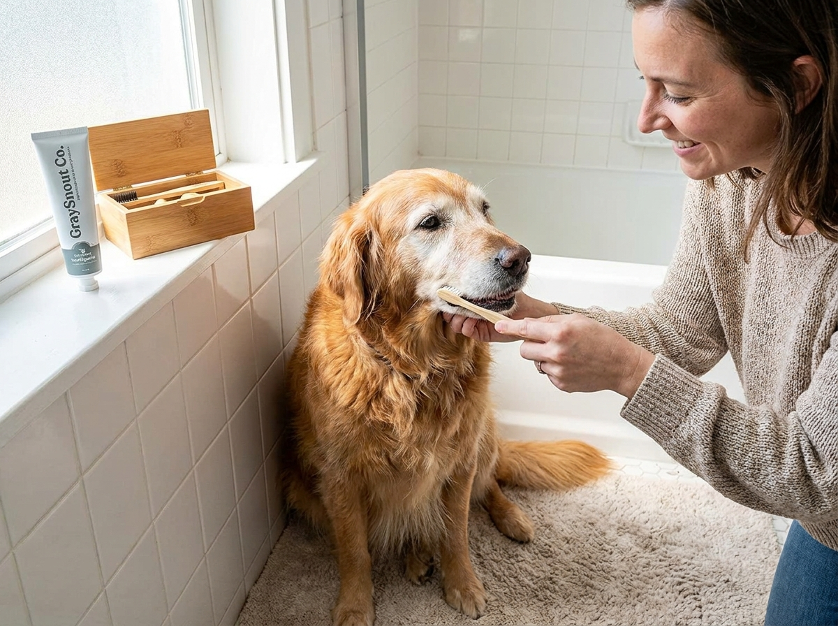 Owner brushing senior dog teeth with nylon toothbrush