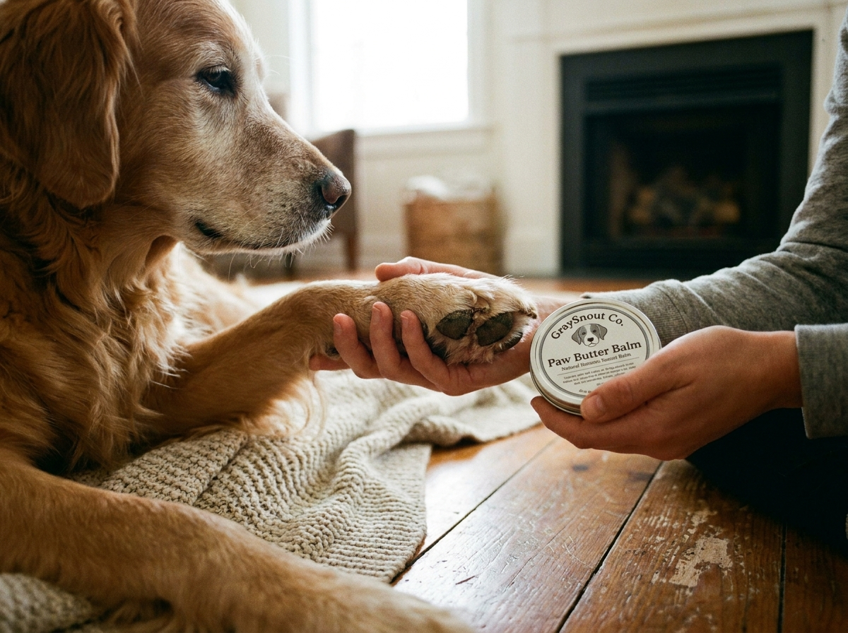 Owner applying paw butter balm to senior dog dry paws