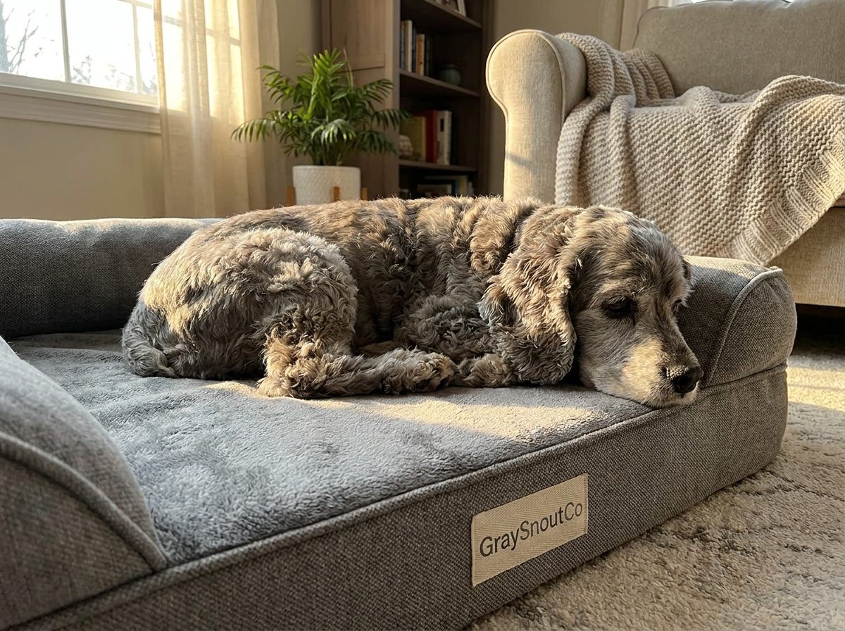 Senior cocker spaniel resting on memory foam sofa dog bed