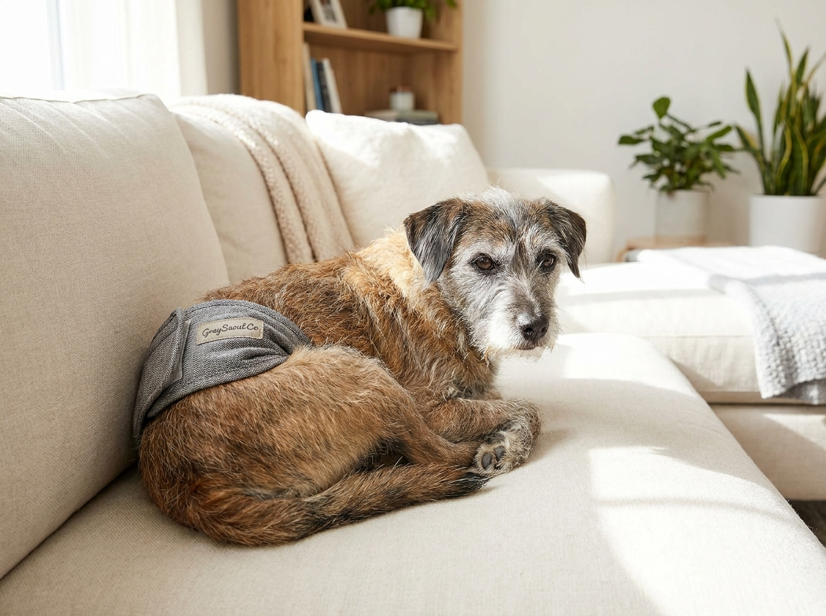 Small senior dog in belly band wrap diaper on couch