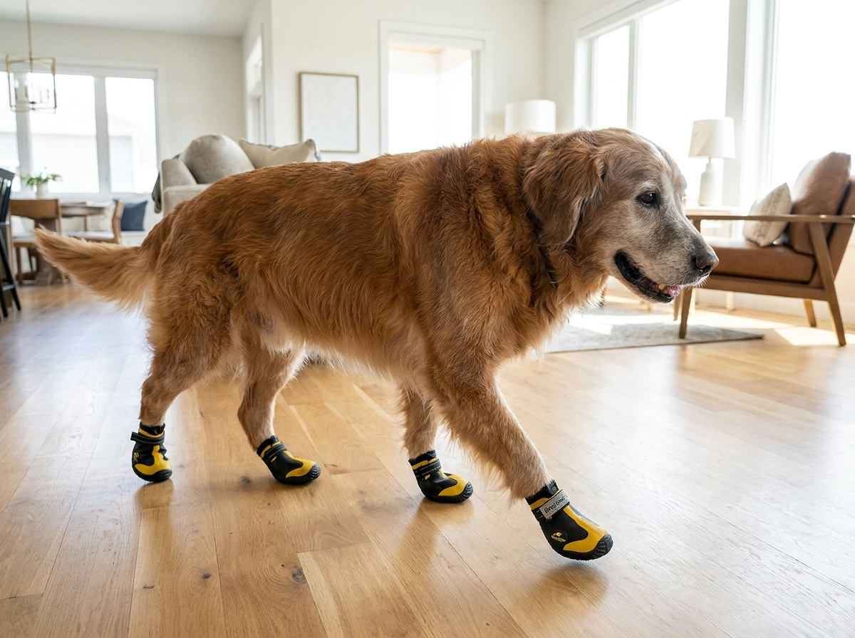 Senior dog wearing waterproof anti-slip paw boots on hardwood floor