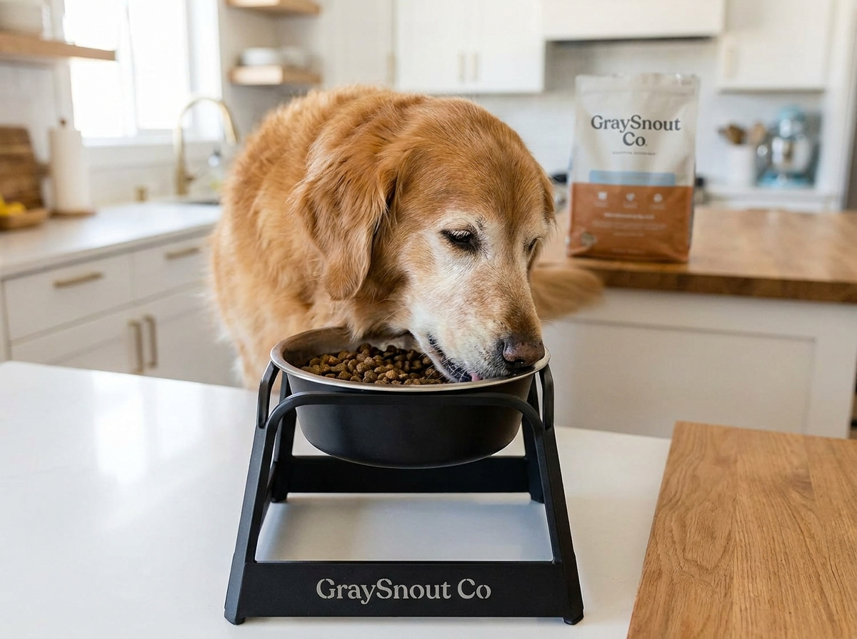 Senior dog eating from elevated metal bowl stand