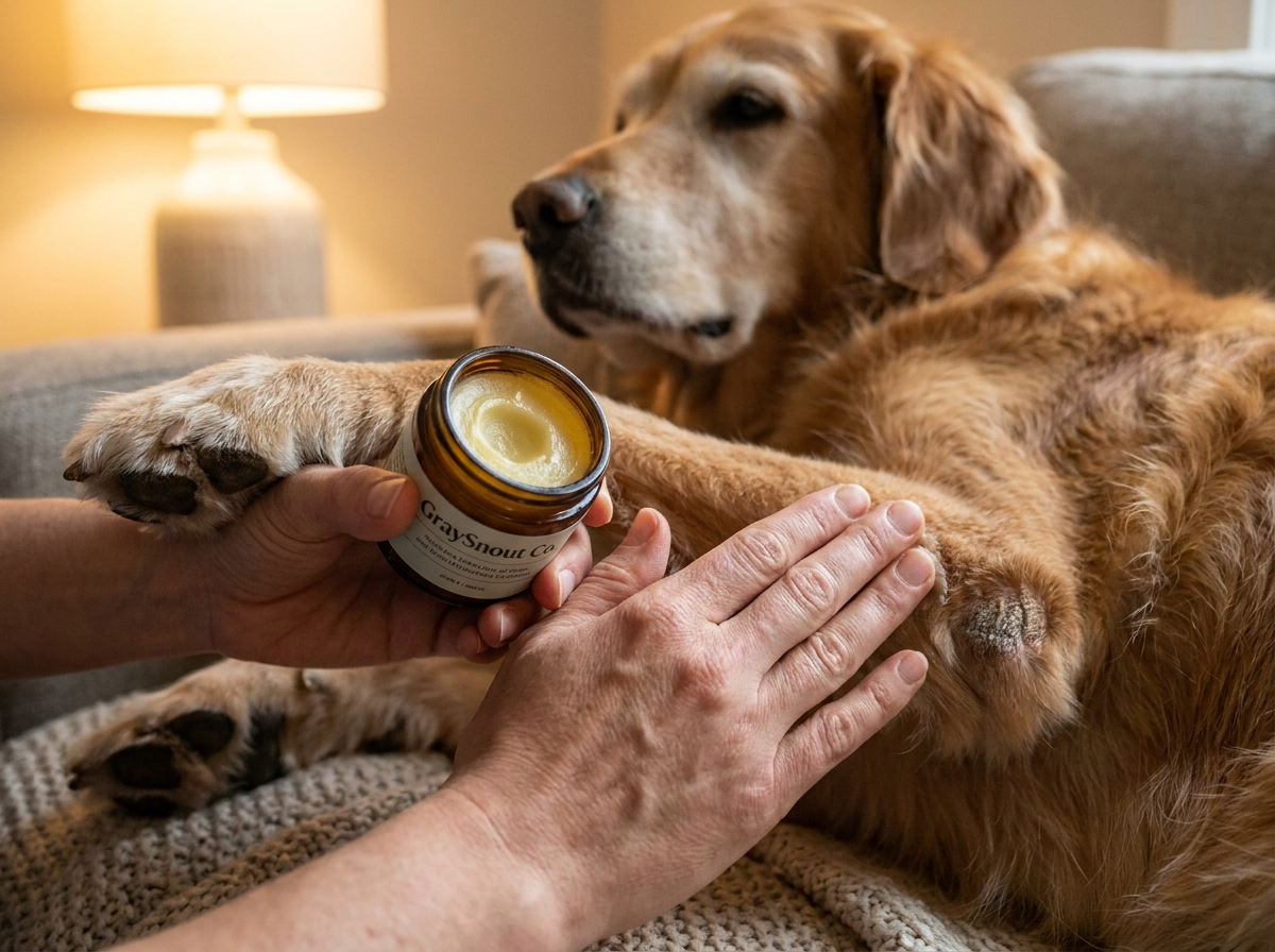 Owner applying elbow callus butter to senior dog