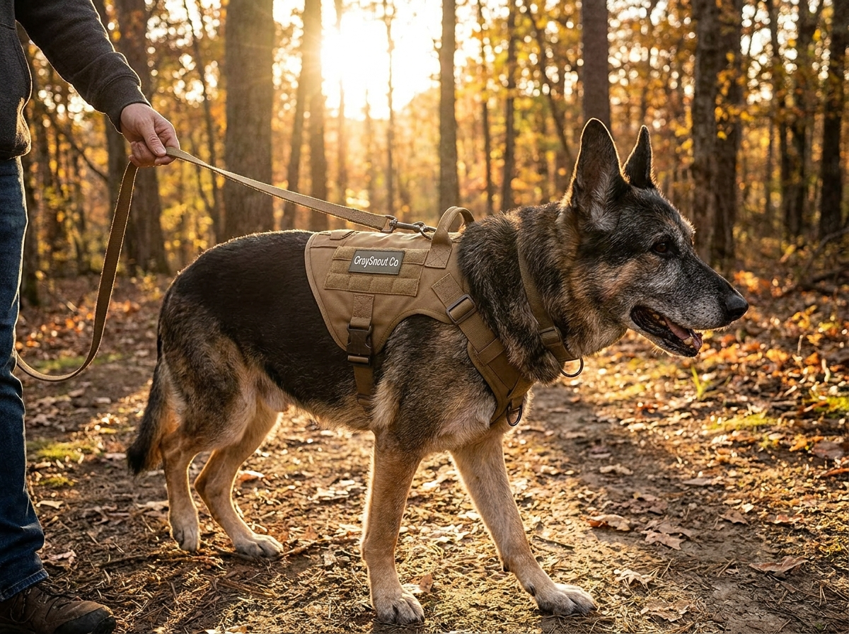 Senior German Shepherd in tactical no-pull support harness on trail walk