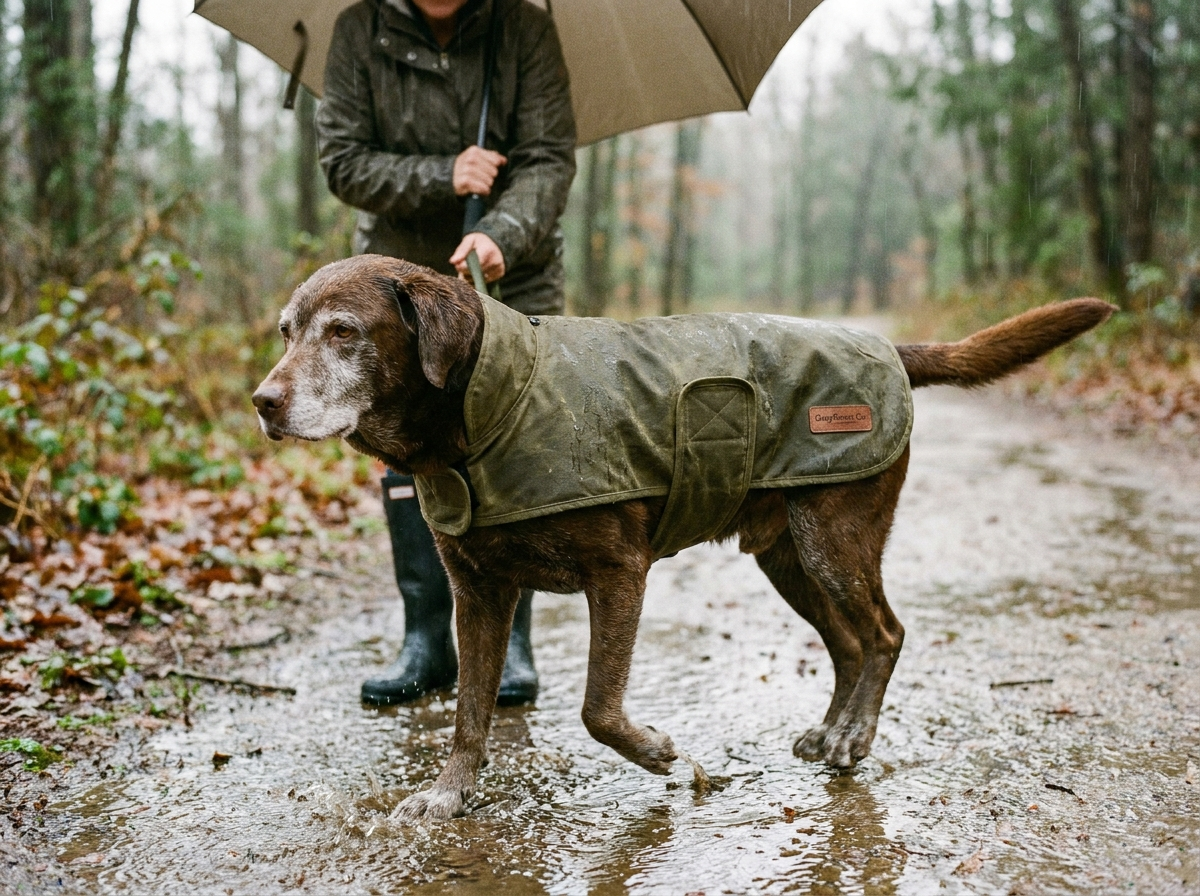 Senior Labrador wearing waterproof canvas jacket in rain