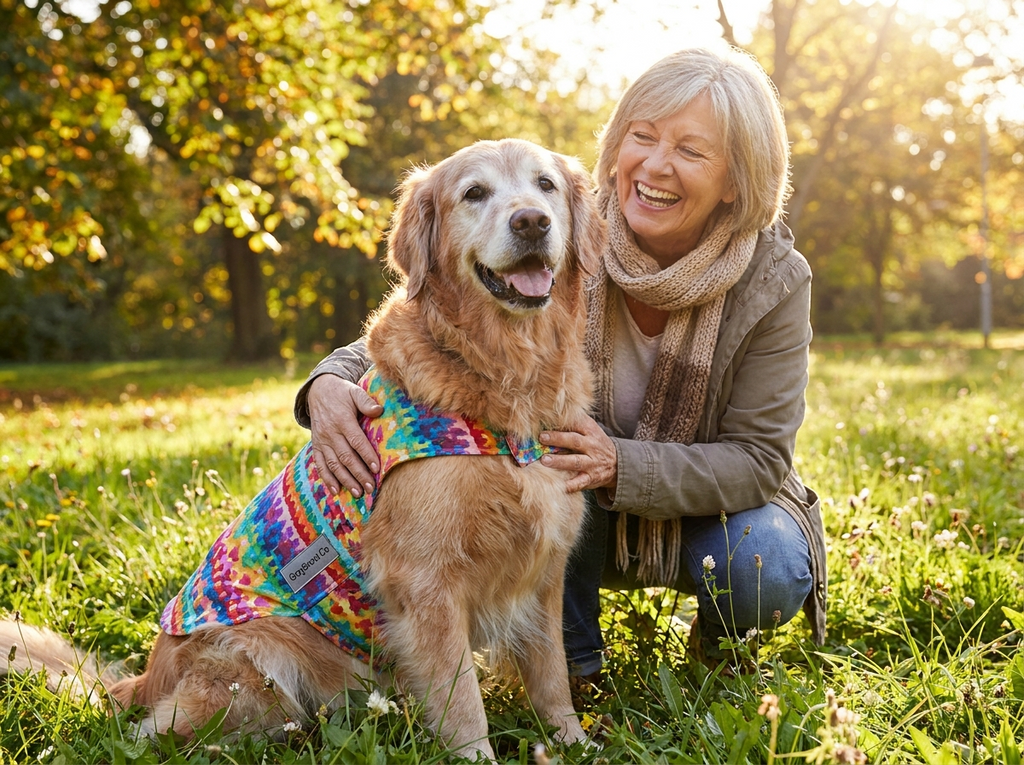 Happy senior dog wearing colorful cotton vest in sunny park