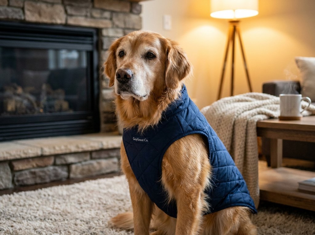 Senior dog wearing classic navy blue fitted dog vest at home