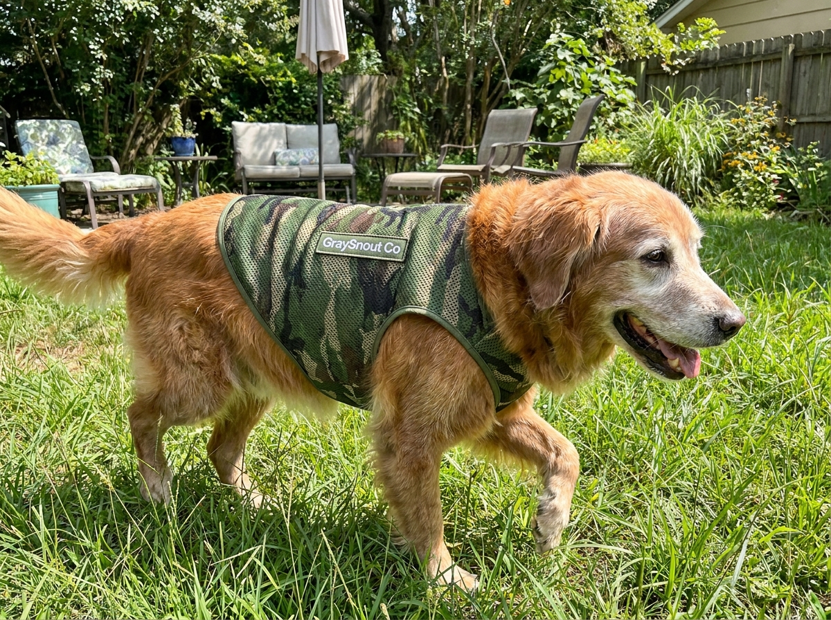 Senior dog wearing lightweight mesh camouflage vest outdoors