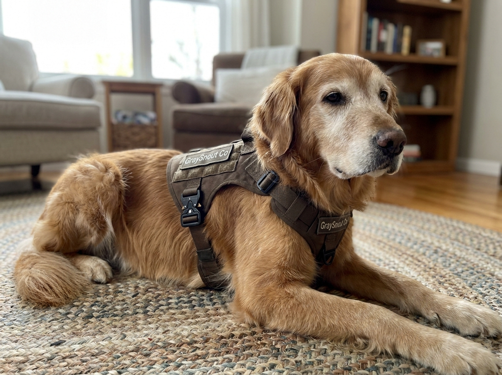 Senior dog wearing tactical nylon vest harness with quick-release buckle